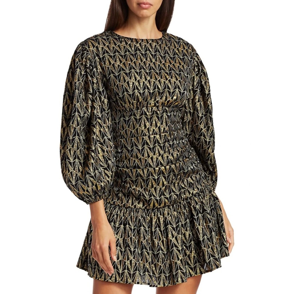 Rhode Donna Metallic Print Puff Sleeve Mini Dress M Black Gold Brocade Art Deco